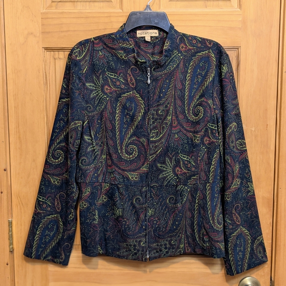 Notations Womens Large Jacket Blazer Green Red Paisley Full Zip Peplum Boho Fall